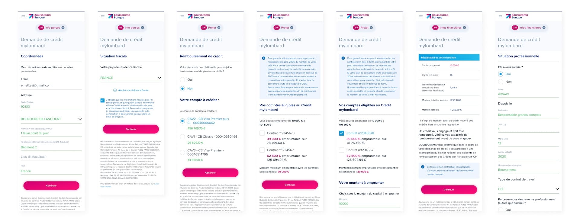 MyLombard subscription journey: personal info, project, and financial information steps