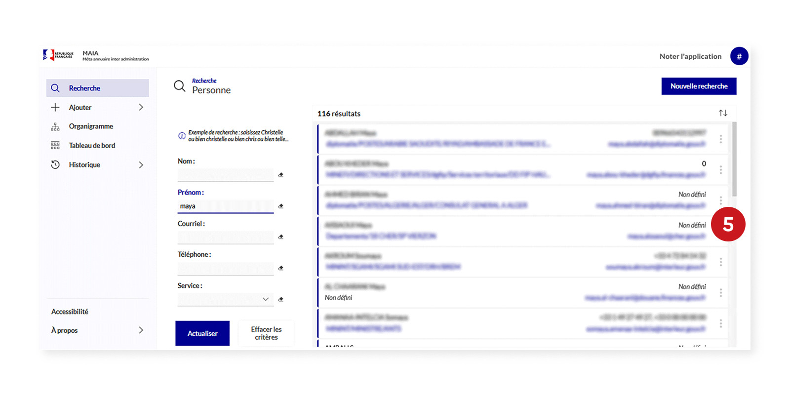 Existing MAIA search results screen annotated with usability issue 5: confusing result information