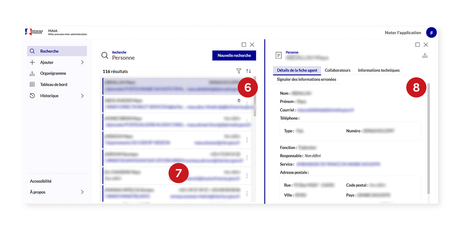 Existing MAIA results and detail panel annotated with usability issues 6 to 8