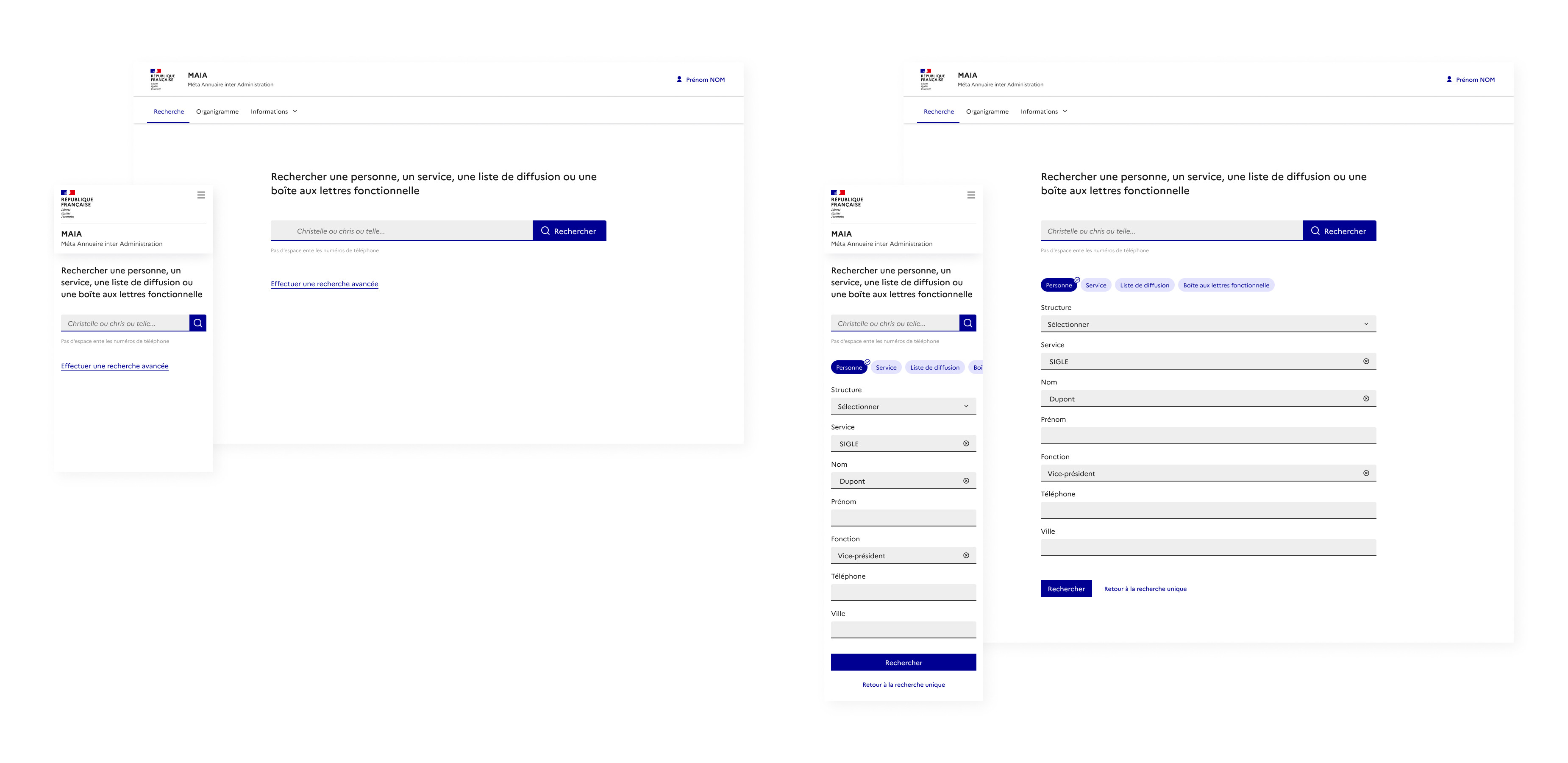 Redesigned MAIA home and search screens with a horizontal navigation bar and a single search bar