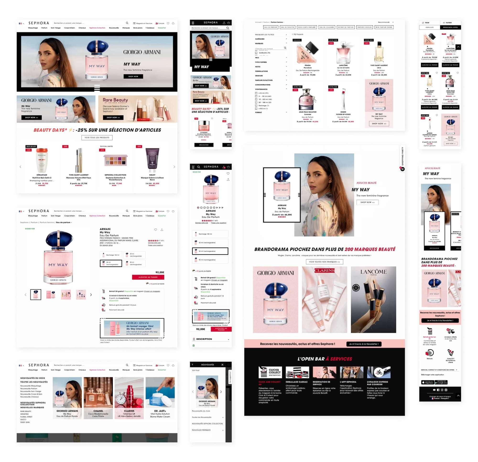 Collage of Sephora.fr homepage, product listing, product detail, and mobile screens