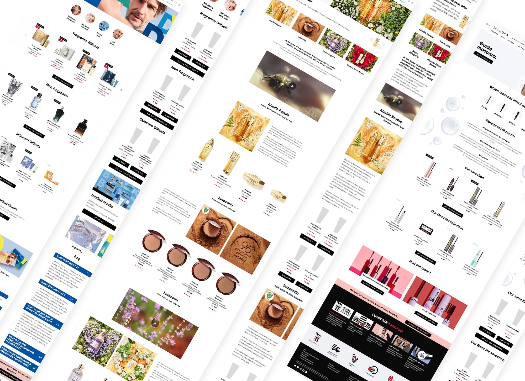 Collage of Sephora landing pages: Father's Day gift guide, Guerlain Abeille Royale, and mascara guide