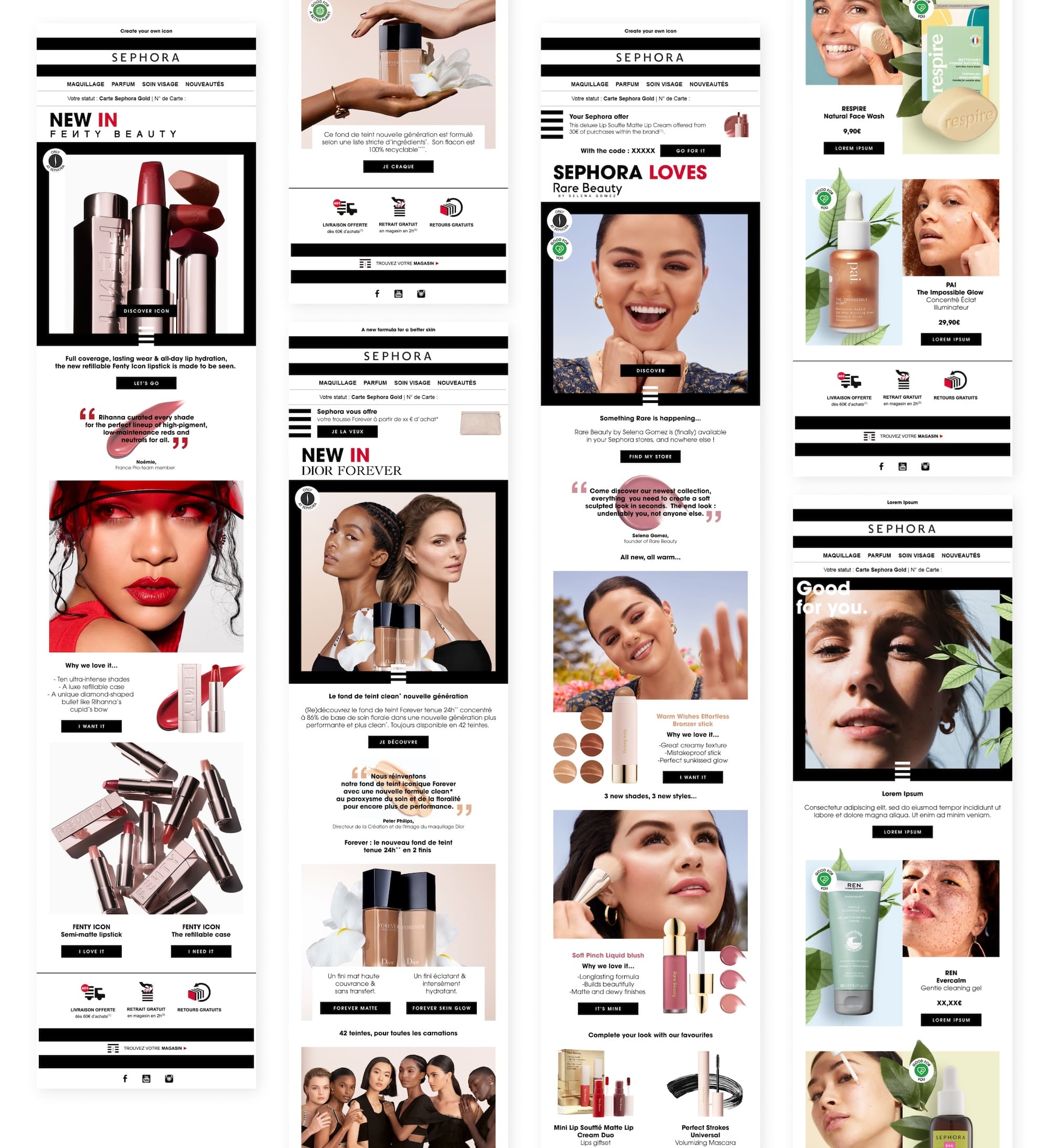 Grid of Sephora email campaign designs, including Huda Beauty, Nouveau Clarins, Rare Beauty, and Fenty Beauty