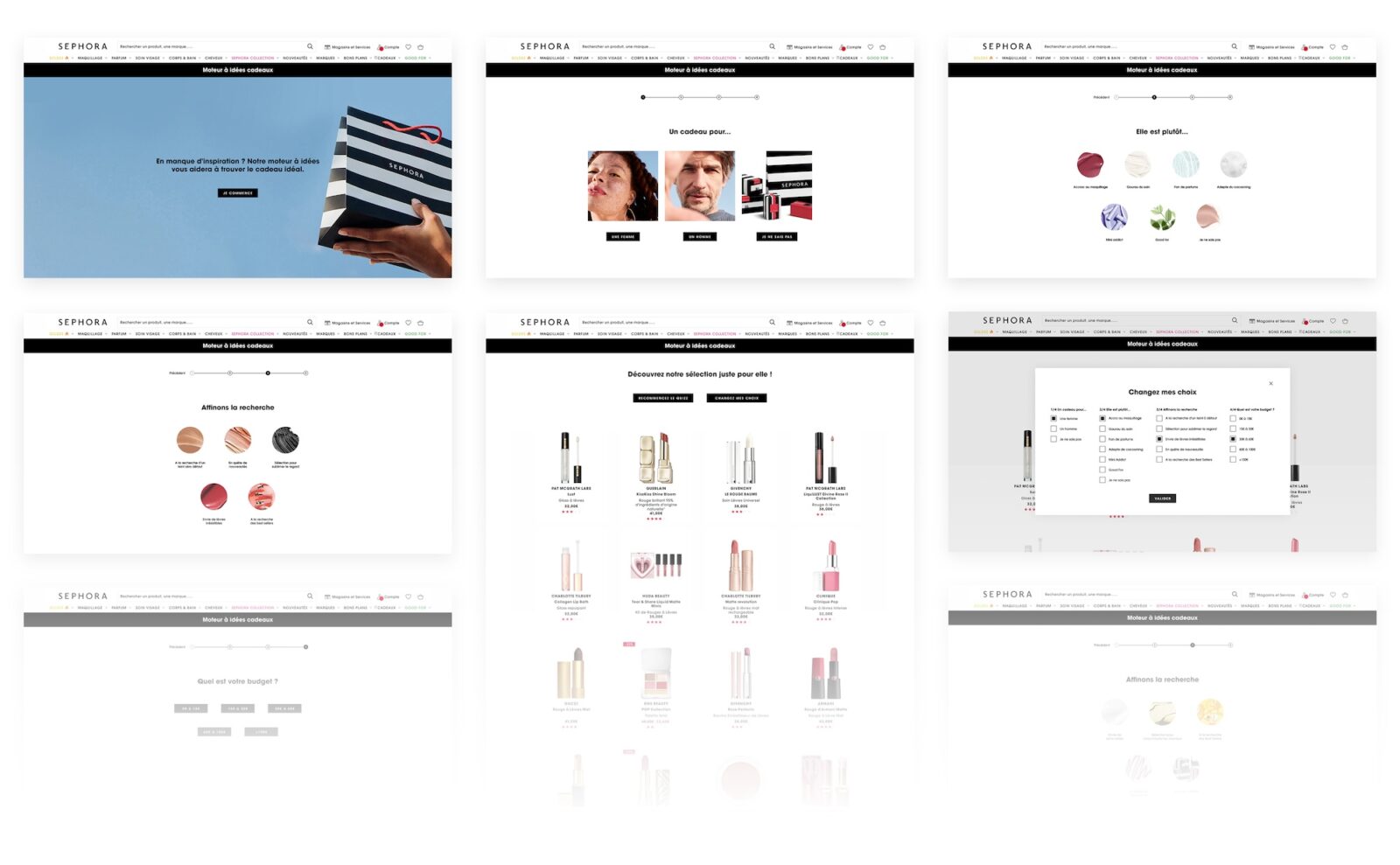 Classic Gift Finder screens: recipient, preferences, budget, and refine-search steps