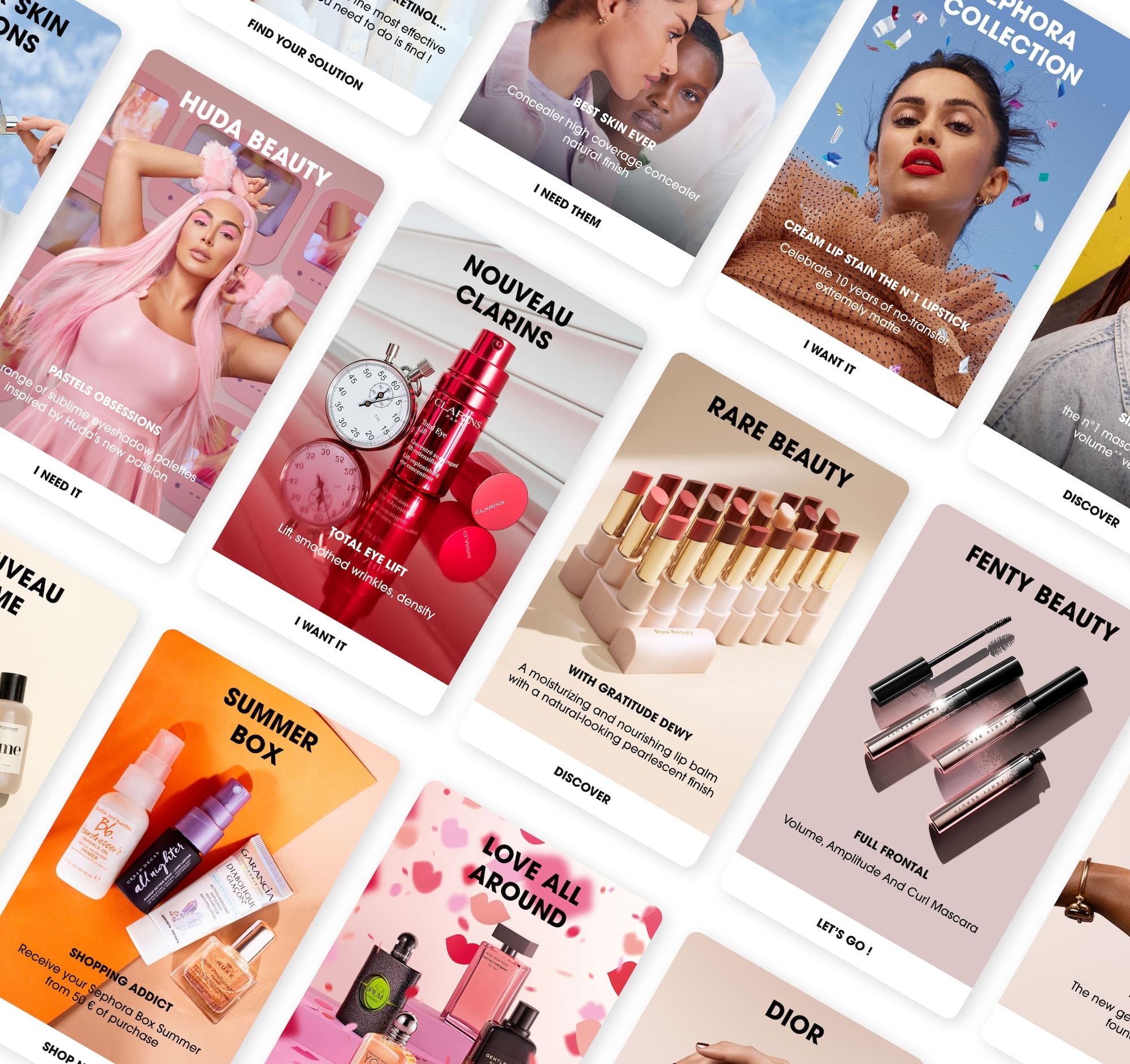 Collage of swipeable Sephora app campaign cards, including Huda Beauty, Nouveau Clarins, Rare Beauty, and Fenty Beauty