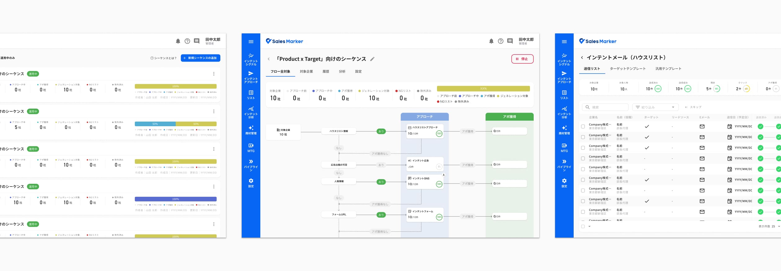 Sequence 1.0 screens (list, flow, detail)